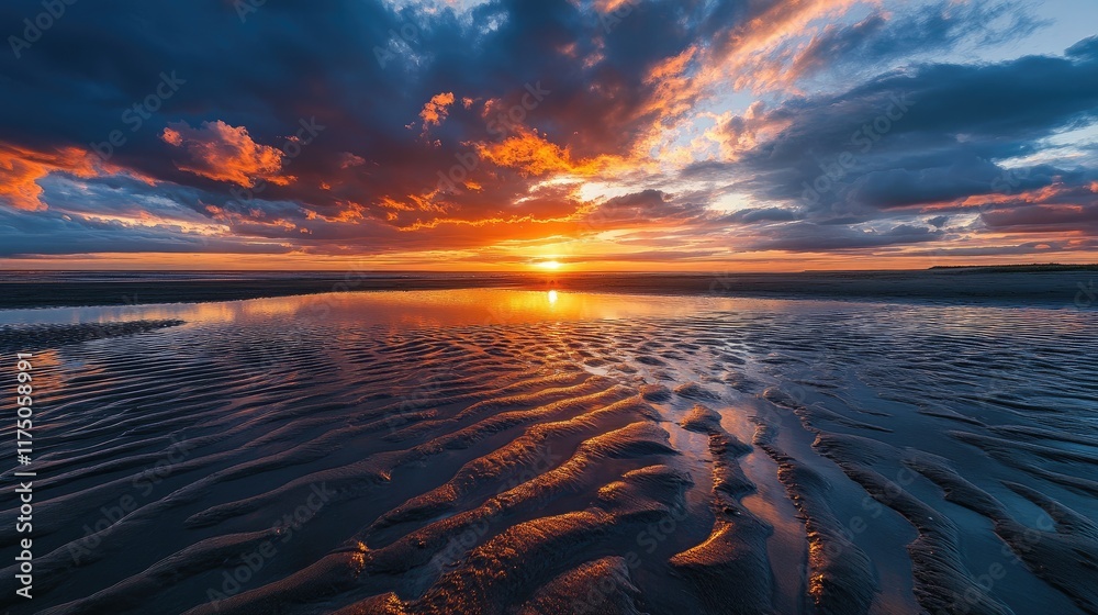 Aufkleber stunning sunset over a sandy beach with dramatic clouds reflecting in the water at low tide creating