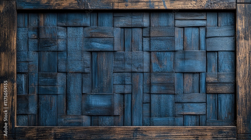 Poster rustic dark blue woven wooden texture panel for product display and mockup in a vintage coffee backg