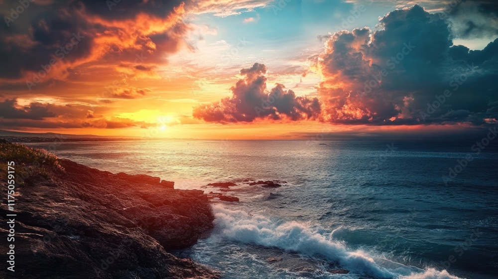Aufkleber breathtaking coastal sunset with dramatic clouds reflecting on calm ocean waters creating a serene n