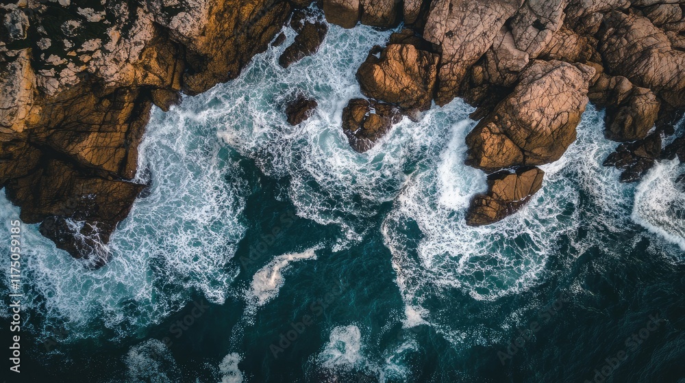 Aufkleber Aerial view of ocean waves crashing on rocky coastline with ample empty space for text overlay and creative projects