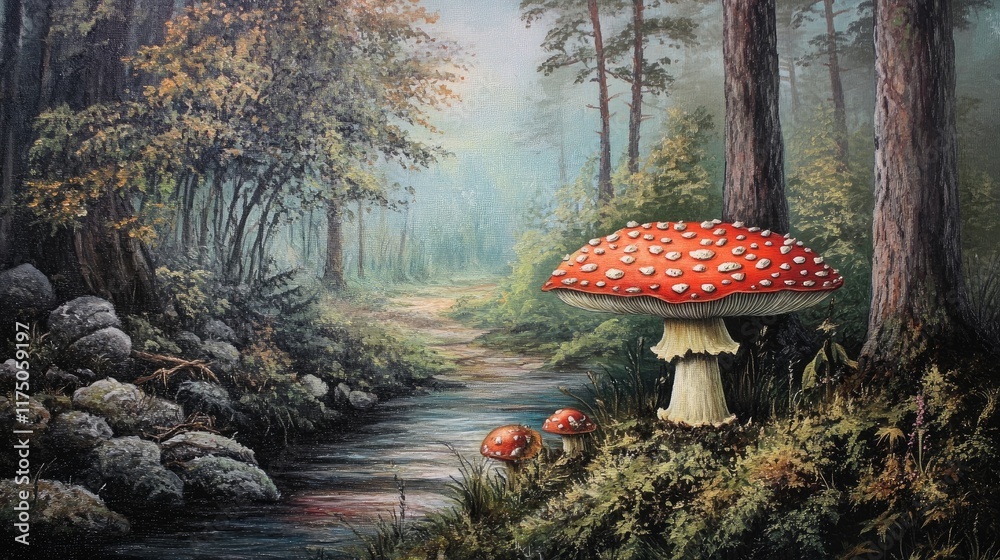 Aufkleber amanita muscaria red fly agaric mushroom in a serene forest setting on a summer day