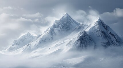 Obraz premium Majestic snow-capped mountain peaks shrouded in clouds creating a serene and tranquil winter landscape atmosphere