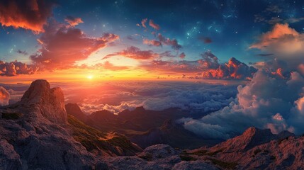 Fototapeta premium Breathtaking Panoramic Sunset Over Mountainous Landscape with Vibrant Colors and Dramatic Clouds