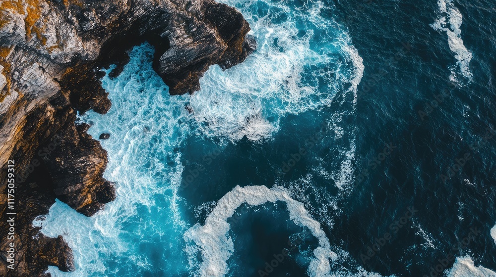 Poster aerial view of ocean waves crashing against rocky cliffs with copyspace for text ideal for nature an
