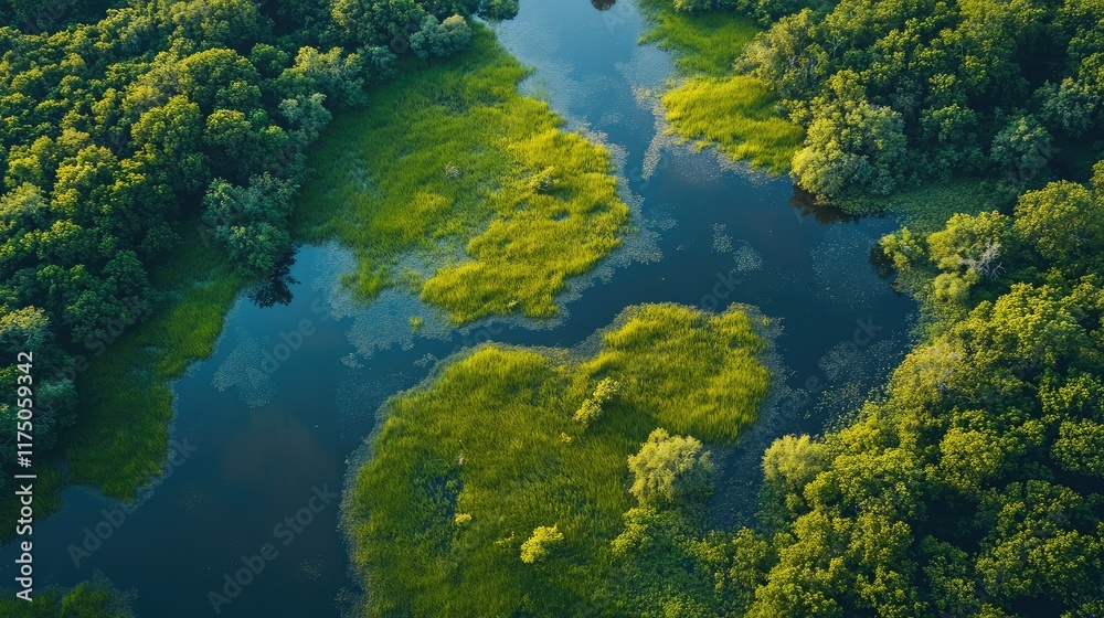 Aufkleber aerial view of serene wetlands showcasing lush vegetation and reflective waters with ample space for