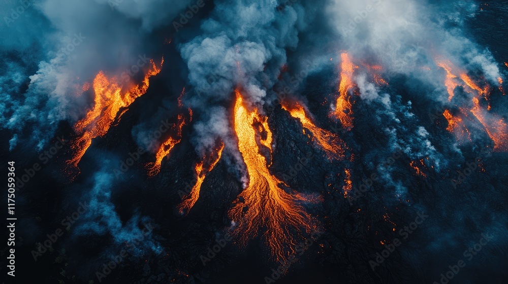 Poster Aerial View of Lavascape Erupting from Volcano with Dramatic Smoke and Copyspace for Text Integration