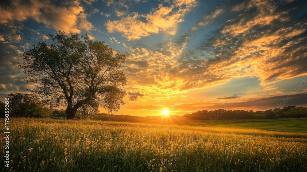 Poster serene sunset over a lush green field with a solitary tree under a vibrant sky filled with clouds an