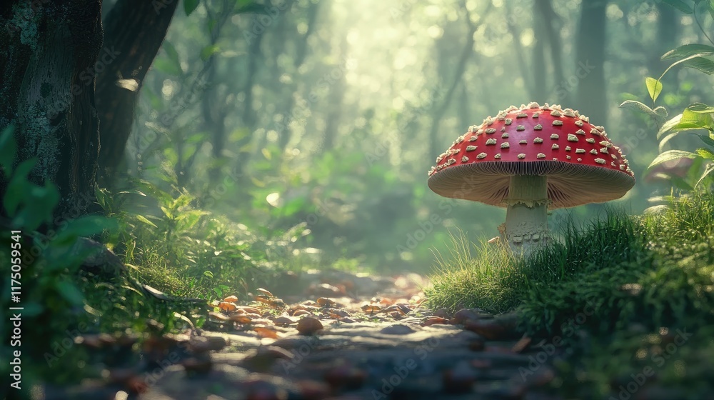 Poster Amanita muscaria in enchanting forest setting with soft light highlighting the vibrant red mushroom and lush greenery surrounding it