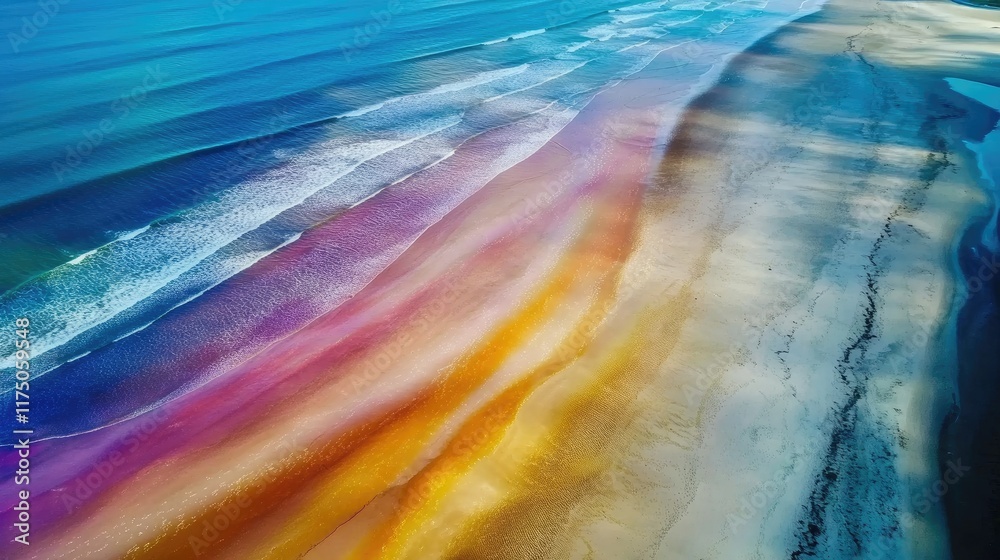 Aufkleber vibrant aerial view of a colorful beach showcasing stunning waves and sandy patterns blending into t