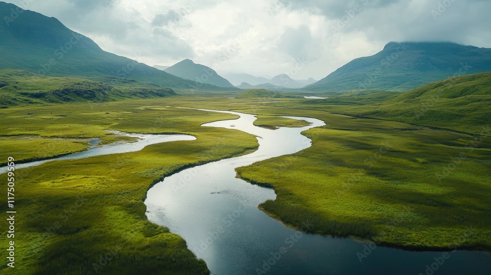 Poster aerial view of a meandering river through lush marshlands and green valleys under a dramatic cloudy 