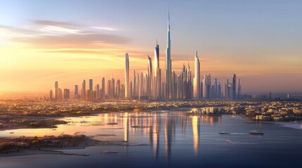 Sunset cityscape showcasing a modern city skyline with skyscrapers