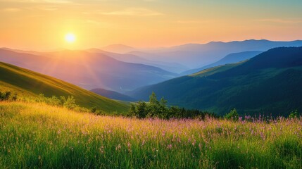 Breathtaking summer sunrise illuminating serene mountain valley with vibrant wildflowers showcasing the beauty of nature and countryside tranquility