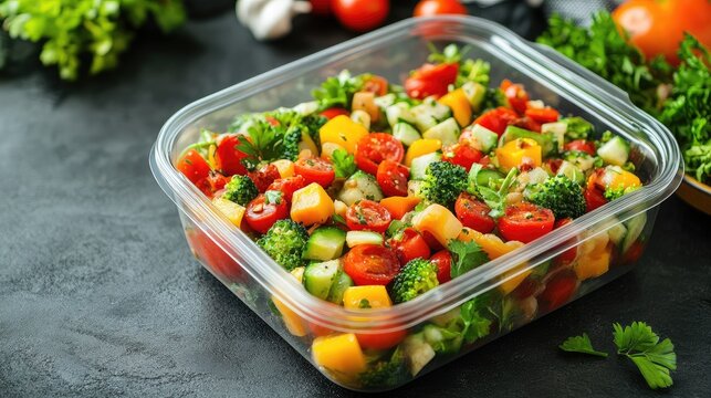 Vibrant takeaway vegetarian salad packed in container showcasing healthy meal options rich in fresh vegetables for convenient dining