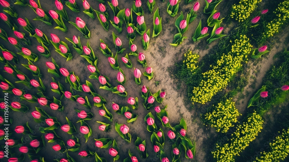 Fototapete aerial view of colorful blooming tulips in a vibrant field with clear space for text placement and d