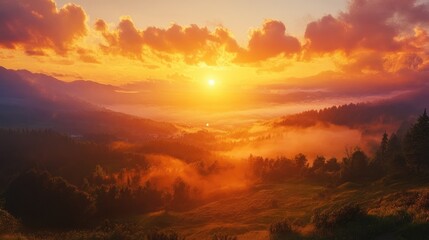 Stunning Sunrise Over Rolling Hills with Vibrant Clouds and Misty Landscape at Dawn