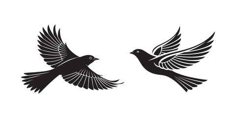 Two black silhouette birds flying towards each other with detailed wings on a white background, perfect for nature and wildlife themes in vector illustrations