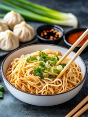Delicious Noodles with Garnish - Savory noodles, flavorful sauce, fresh garnish, appetizing texture, vibrant colors.