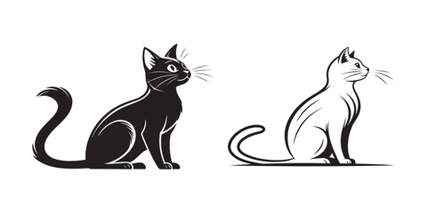 Elegant black and white cat illustrations, side view of sitting cats, minimalist feline art, vector graphics for pet-themed designs, isolated on white background