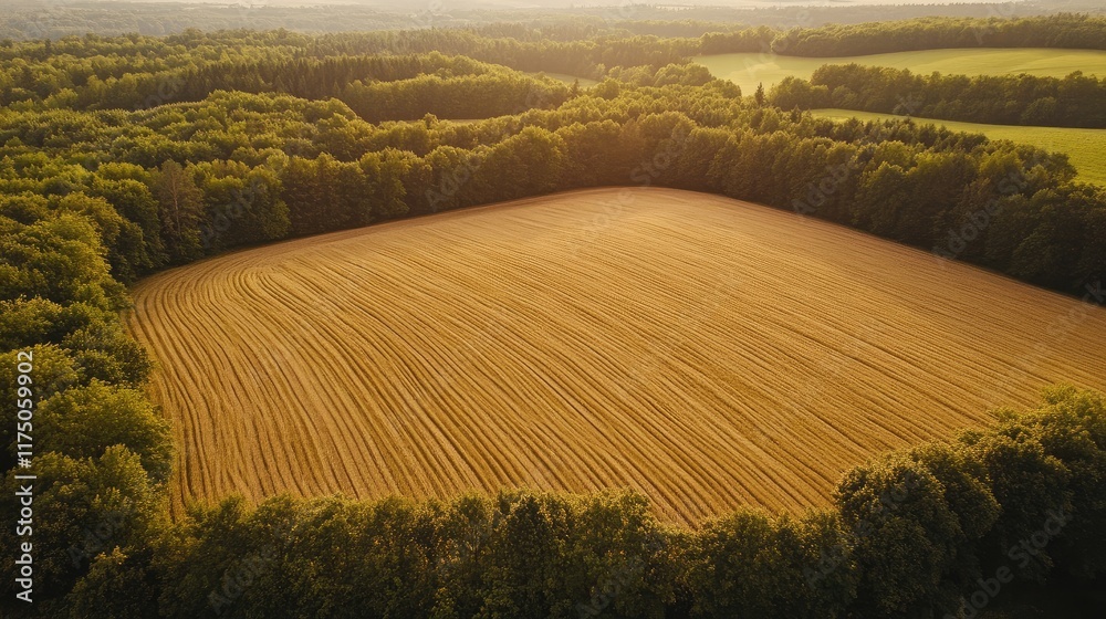 Poster aerial perspective of golden wheat fields bordered by lush green forest under soft sunlight creating