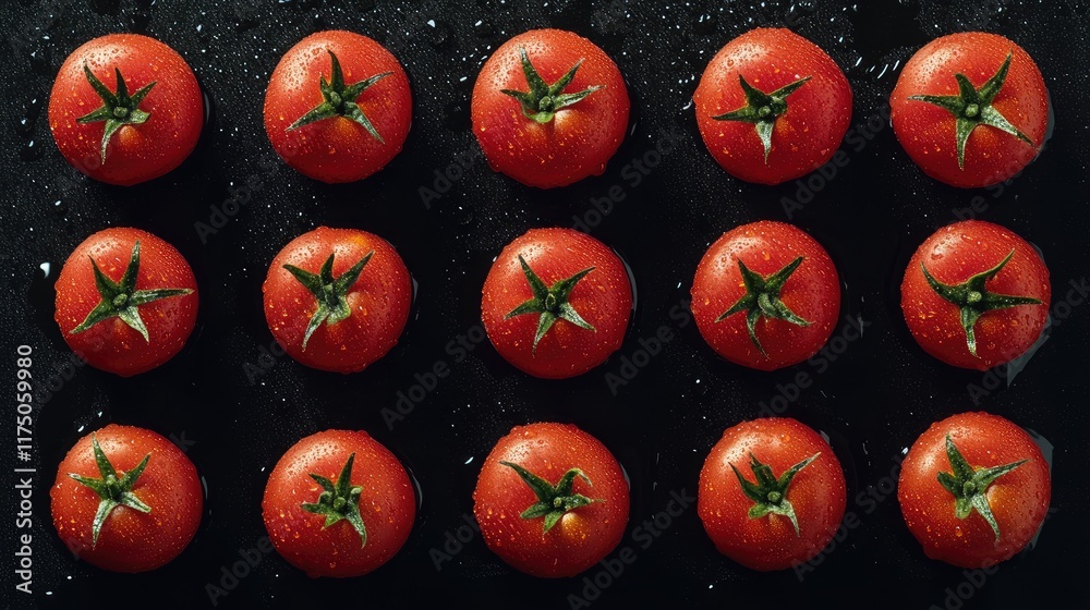 Poster Vibrant red tomatoes with water droplets arranged in a neat grid showcasing their fresh appearance and unique shapes on a dark background