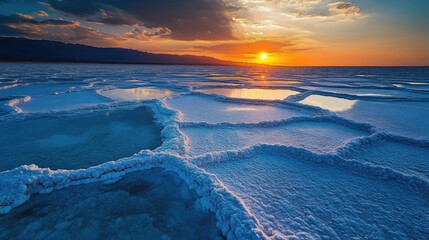 Naklejka premium Stunning sunset over scenic salt flats by the sea with reflective waters and dramatic skies creating a tranquil landscape scene.