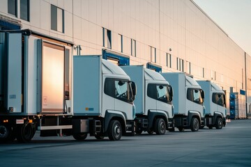Fototapeta premium White delivery trucks parked outside warehouse at sunset.
