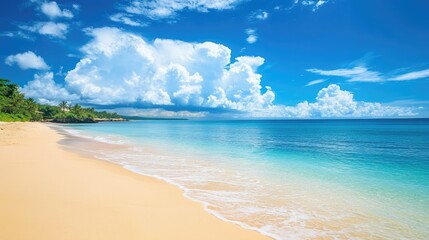 Fototapeta premium Stunning tropical beach with vibrant blue sky fluffy clouds and pristine ocean waters creating a serene paradise landscape