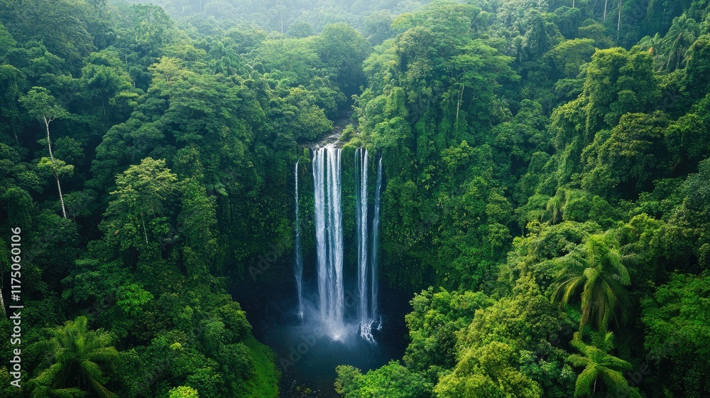Aufkleber aerial view of majestic waterfall cascading through dense tropical rainforest featuring vibrant gree
