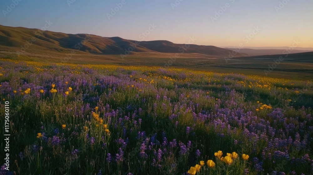 Poster aerial view of vibrant wildflower field at sunrise with serene landscape and spacious area for text 