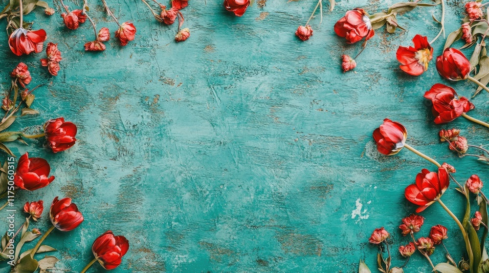 Poster easter card design with red tulips on turquoise wood background creative floral arrangement with spa