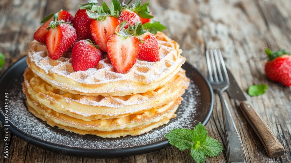 Aufkleber a stack of waffles on a rustic wooden table, topped with fresh strawberries and powdered sugar. a fo