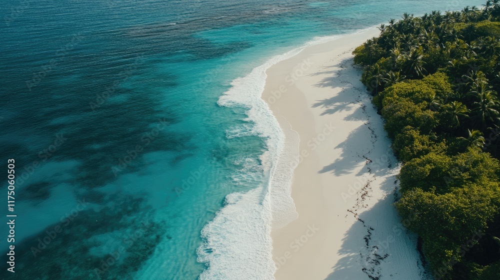 Poster aerial view of tranquil beach with turquoise waters and waves crashing on shore ideal for travel and