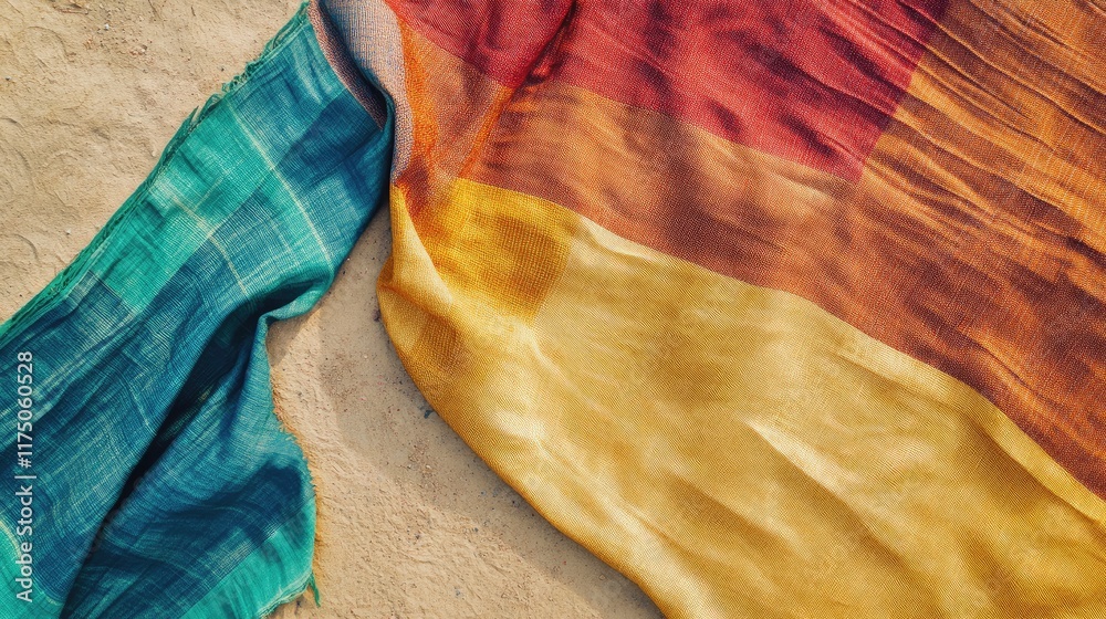 Aufkleber Aerial view of colorful Burkinabe fabric draped on sandy surface with ample space for text and design elements.