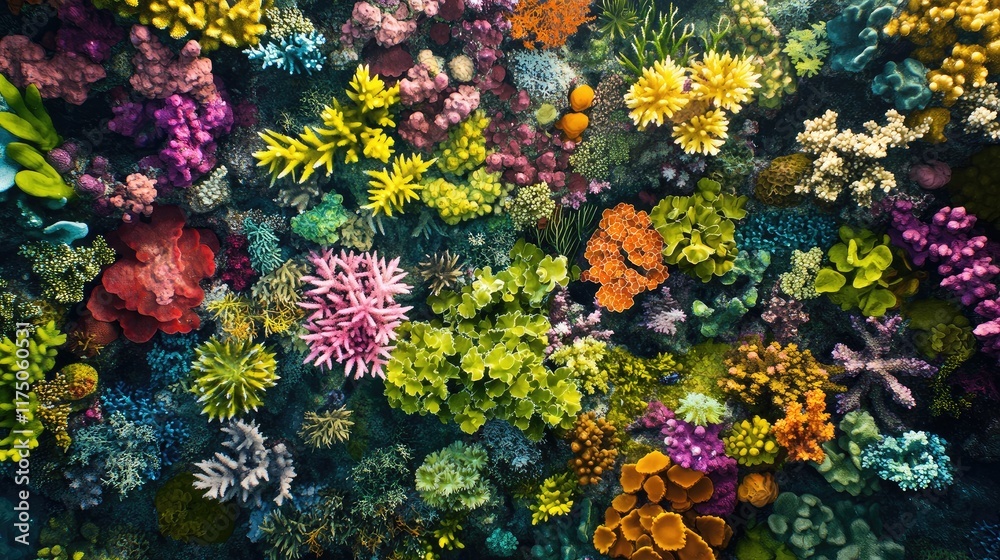 Poster vibrant underwater ecosystem with colorful coral reefs and aquatic plants showcasing biodiversity an