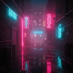 Naklejka premium Cyberpunk alleyway, neon signs, rainy night, reflective puddles, brick walls, narrow street, atmospheric lighting, pink and blue neon glow, urban dystopia, cinematic, moody, reflective surfaces, futur