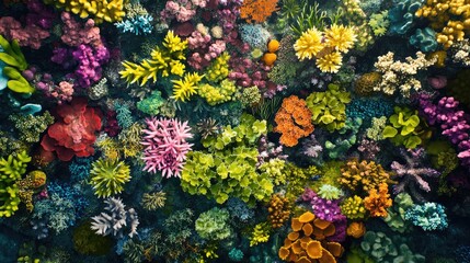 Vibrant underwater ecosystem with colorful coral reefs and aquatic plants showcasing biodiversity and providing ample space for text placement