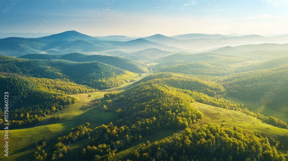 Aufkleber aerial view of lush green mountain landscape during autumn with technology elements and ample copysp