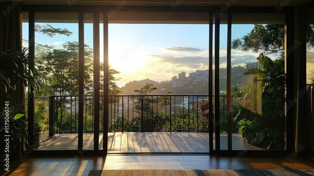 Aufkleber serene morning landscape with sunlight streaming through large windows and lush greenery in a tranqu