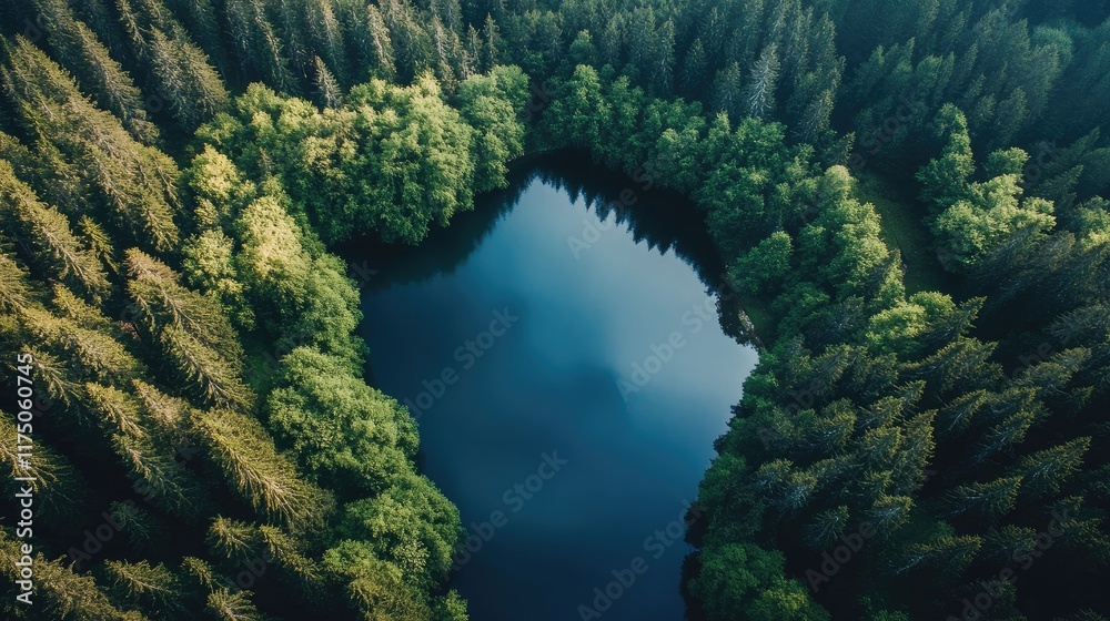 Poster serene aerial view of pristine lake surrounded by lush green forests and trees reflecting in calm wa