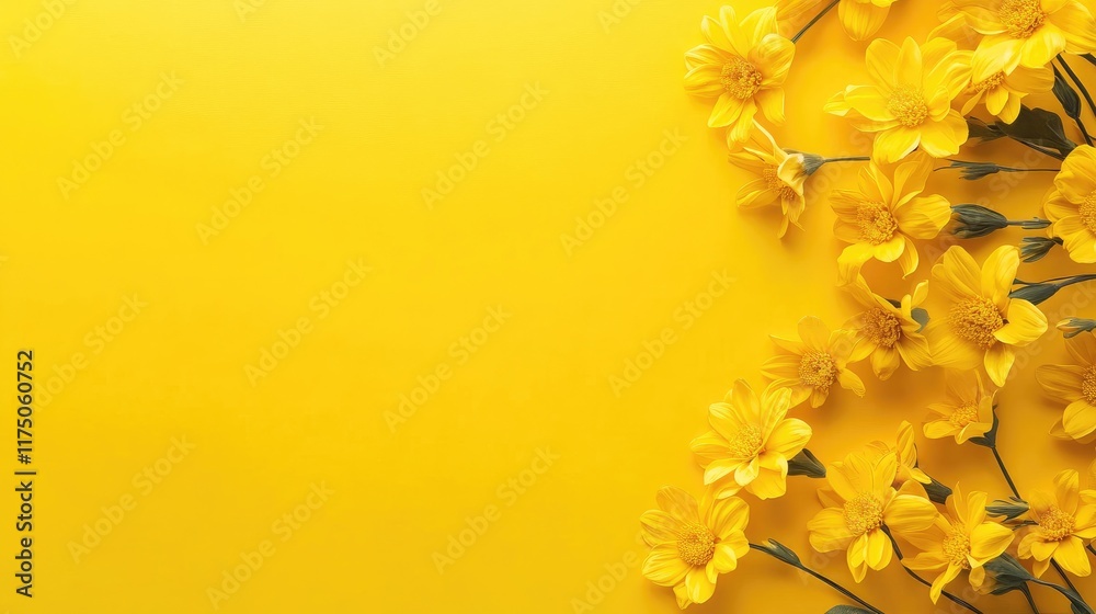Poster aerial view of a bright yellow background adorned with vibrant flowers creating an inviting space fo
