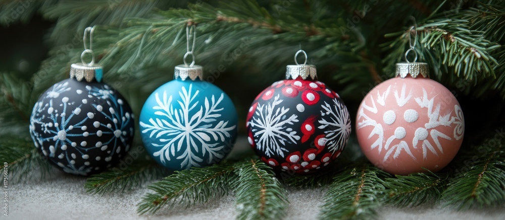 Poster hand painted glass christmas ornaments with snowflake designs hanging from a fir tree branch in a fe