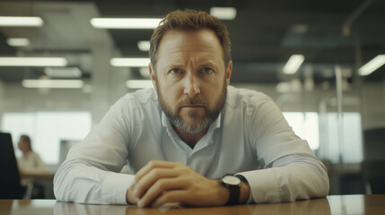 Obraz premium Male manager with an intense look, leaning on a table in a spacious office, while a subordinate nervously explains something.