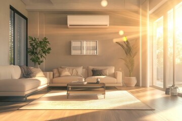 Fototapeta premium Sunlit living room, modern sectional sofa, warm tones.