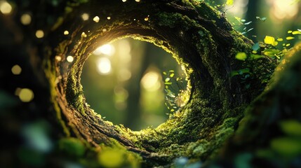 Serene abstract view through a mossy tree trunk showcasing vibrant nature with ethereal light and enchanting greenery.