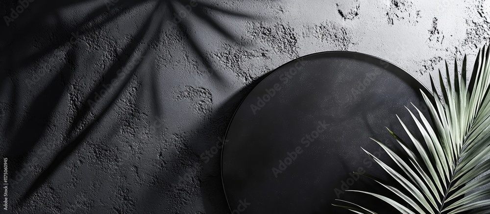Aufkleber vintage black circle frame casting palm leaf shadows on textured paper with empty copyspace for desi