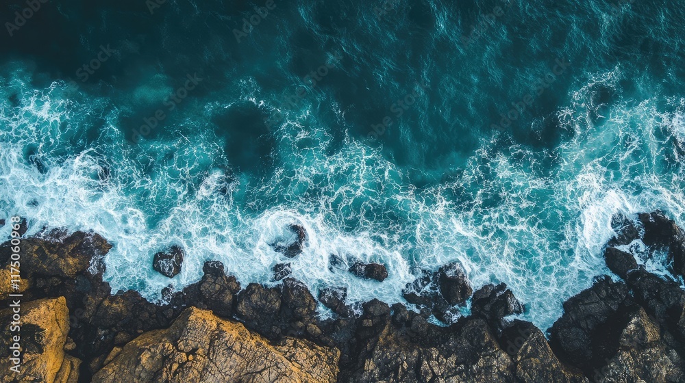 Poster Aerial view of ocean waves crashing on rocky shore with clear space for text and branding placement in natural coastal setting