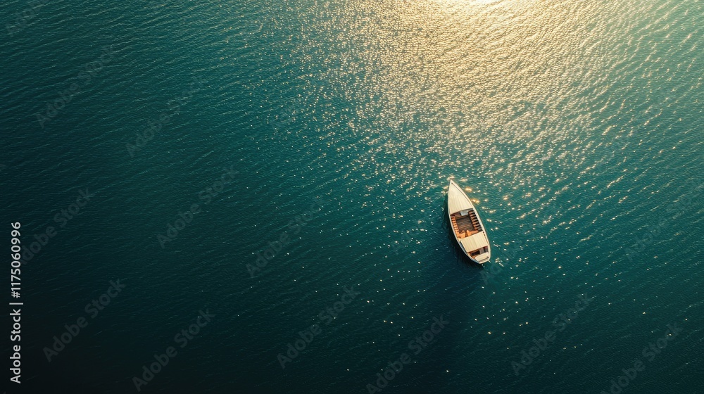 Aufkleber aerial view of a serene turquoise ocean with a small boat sailing on sunlit water surface and visibl