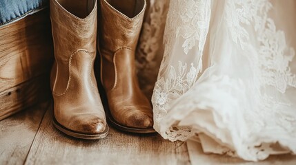 Rustic wedding boots and dress detail.
