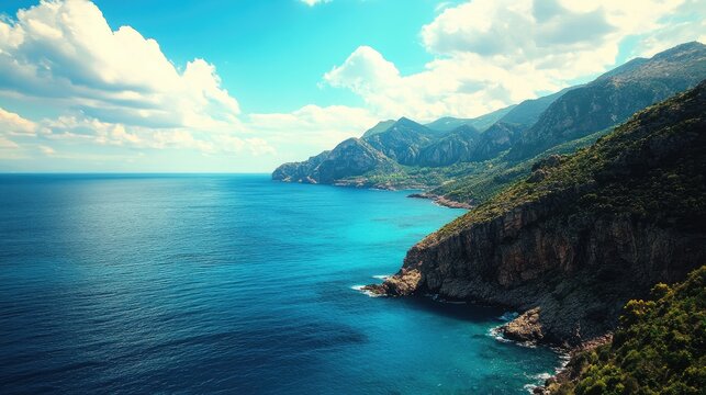 Breathtaking coastal landscape with vibrant blue waters and rugged mountainous shoreline under a picturesque cloudy sky