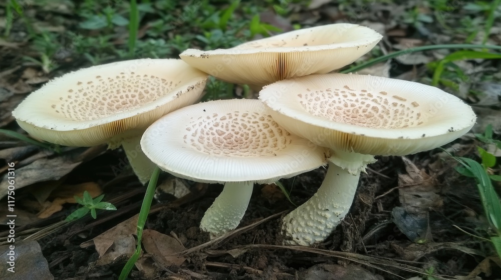 Poster amanita flavoconia mushrooms showcasing distinctive features in a natural forest environment surroun